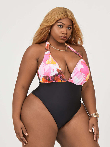 Plus Size Swimwear Sexy Deep V Gathered Open Back One-piece Swimsuit