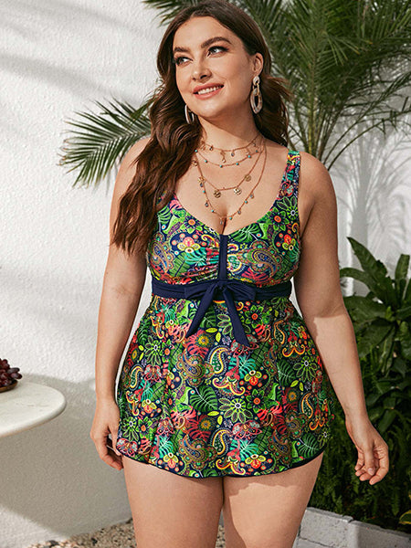 Ladies Floral Bandage Beach Swimsuit Split Plus Size Swimwear