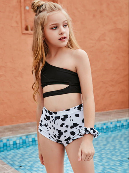 Children's Boxer Leopard Print One-shoulder Two-piece Swimsuit