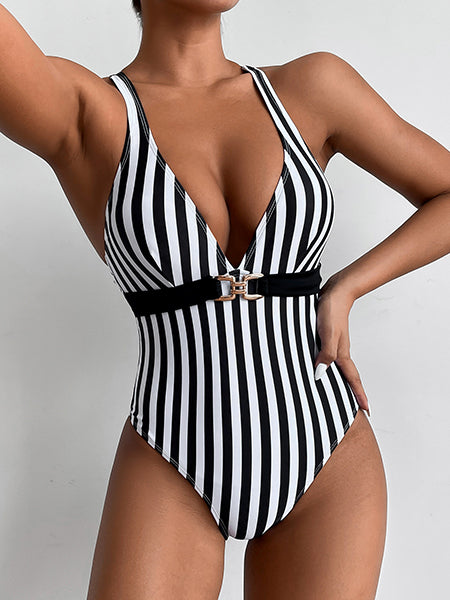 Sexy Bikini With Black And White Striped One-piece Swimsuit