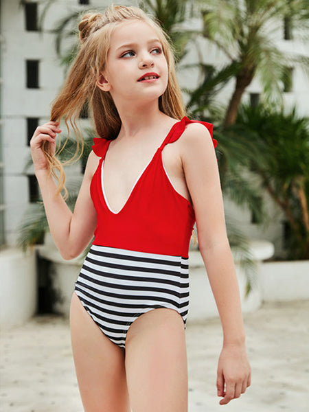 Children's Striped Color-blocking Triangle One-piece Swimsuit