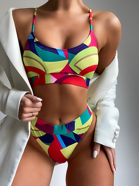 Ladies Color Printing Stitching Contrast Color Two-piece Swimsuit