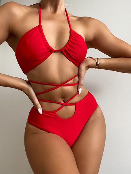 Ladies Solid Color Red Strap Cross Two-piece Swimsuit